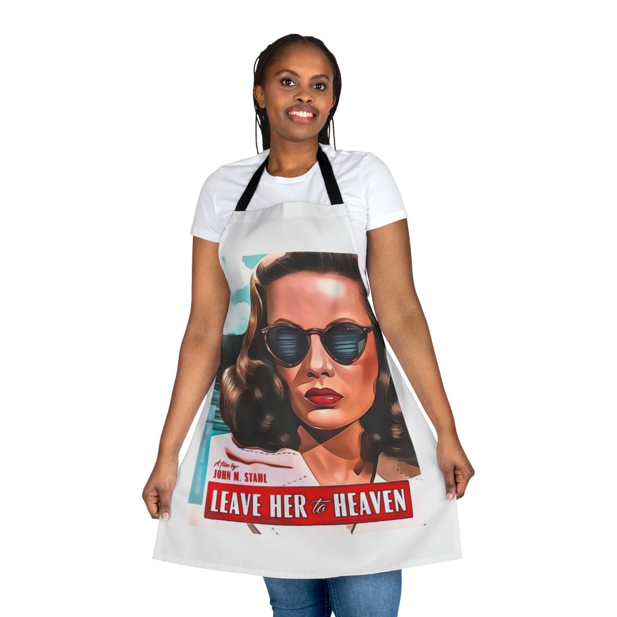 Vintage-style apron featuring the classic movie poster art for the film "Leave Her to Heaven" starring actress Gene Tierney