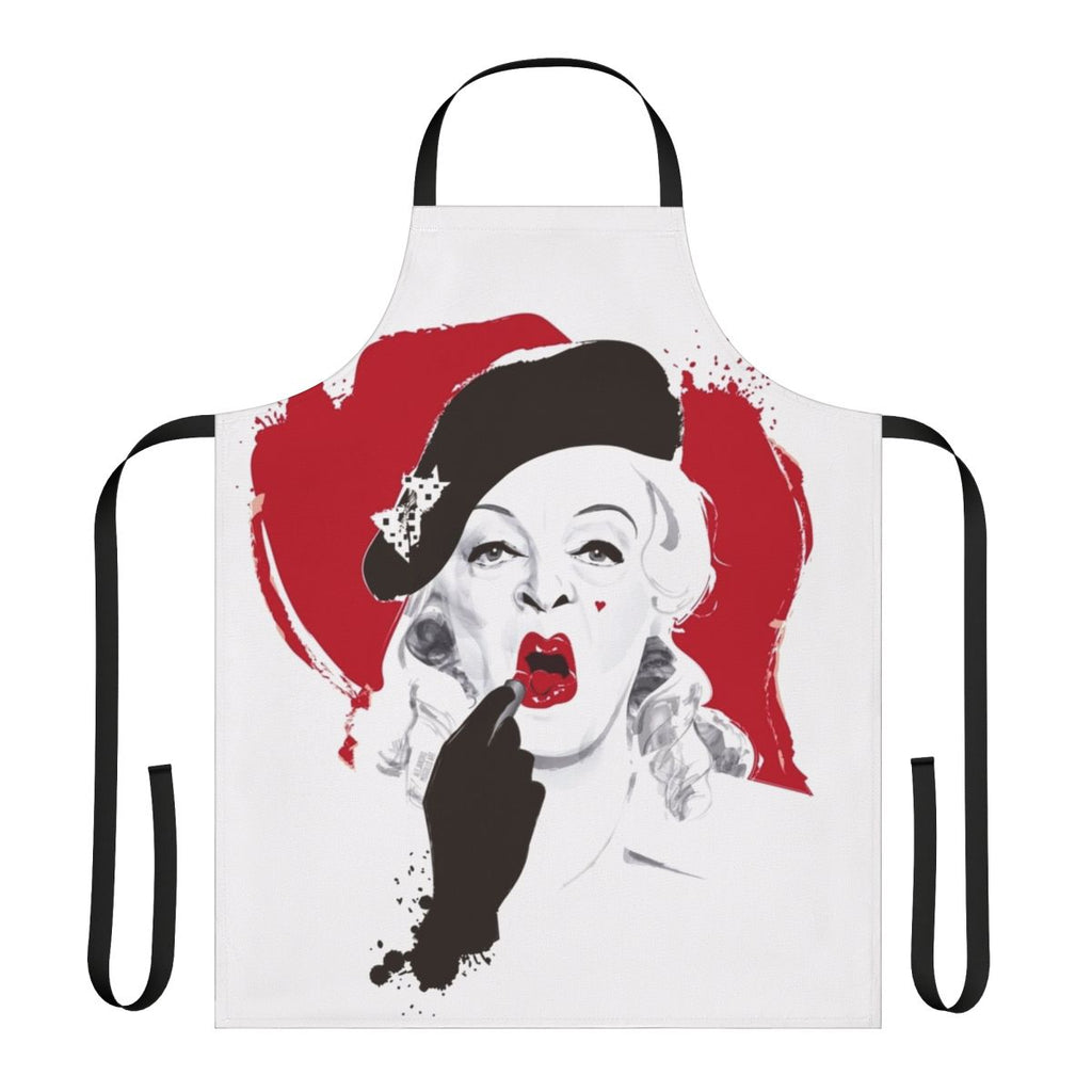 Vintage-inspired apron with a lipstick design, featuring artwork by Alejandro Mogollo