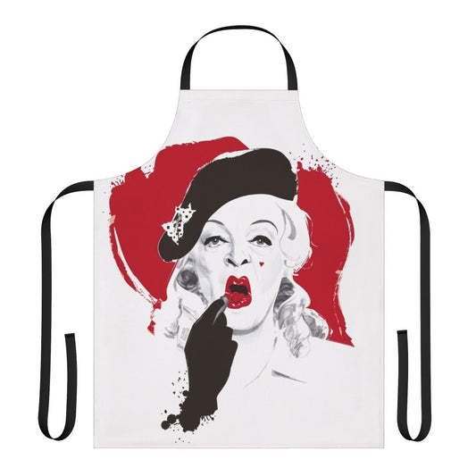 Vintage-inspired apron with a lipstick design, featuring artwork by Alejandro Mogollo
