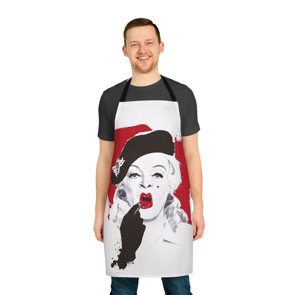 Vintage-inspired apron with a lipstick design, featuring artwork by Alejandro Mogollo