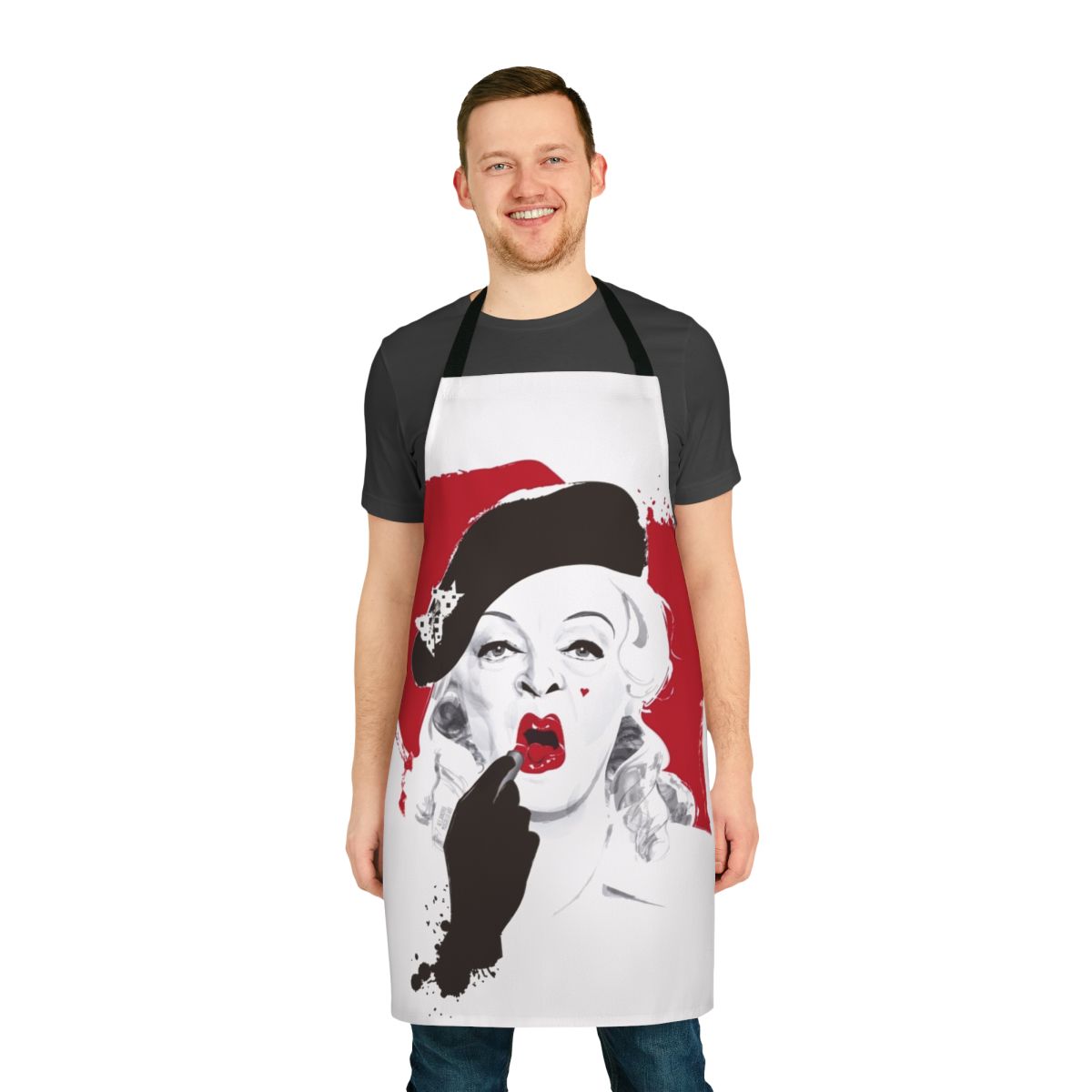 Vintage-inspired apron with a lipstick design, featuring artwork by Alejandro Mogollo