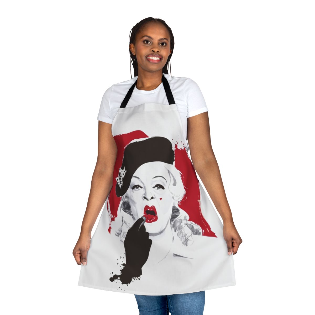 Vintage-inspired apron with a lipstick design, featuring artwork by Alejandro Mogollo