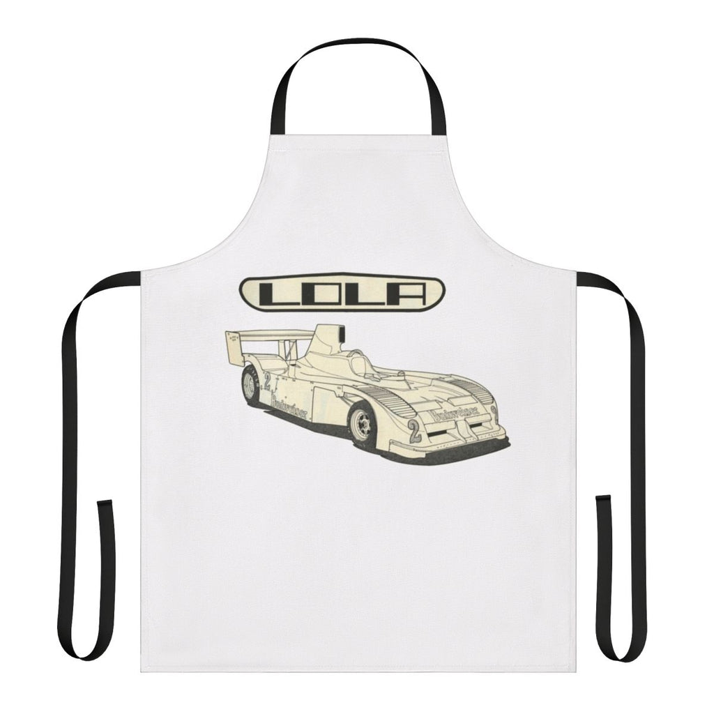 Lola road racer-inspired apron with retro 1970s racing car design