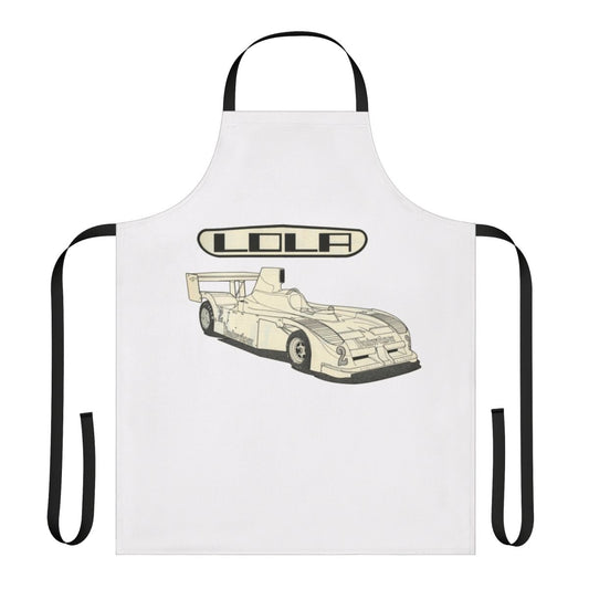 Lola road racer-inspired apron with retro 1970s racing car design