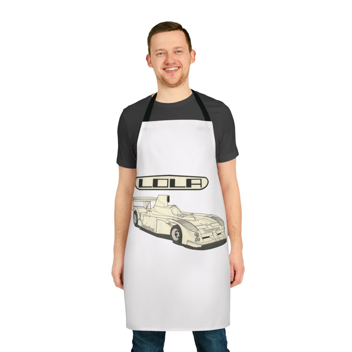 Lola road racer-inspired apron with retro 1970s racing car design