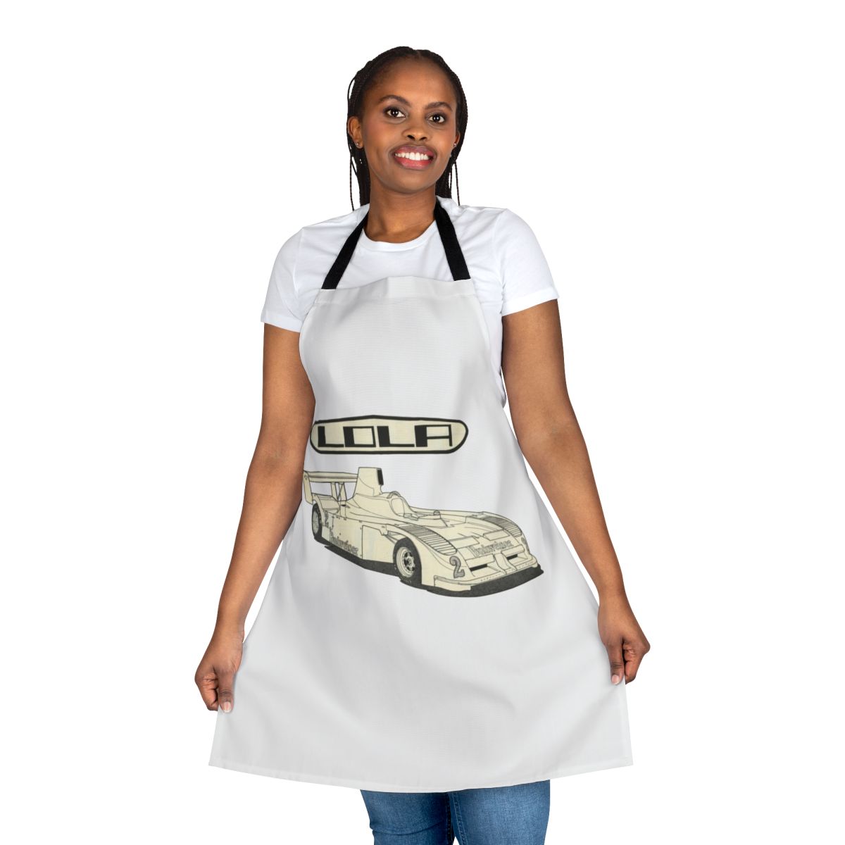 Lola road racer-inspired apron with retro 1970s racing car design