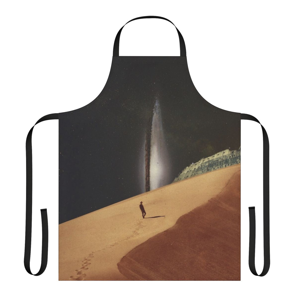 Vintage-inspired apron with a collage design featuring a man, buildings, space, and nature