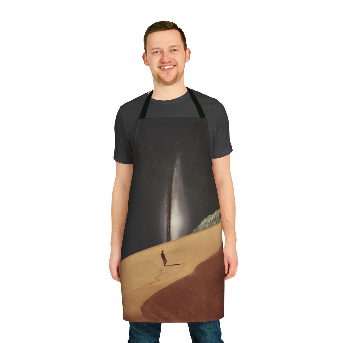 Vintage-inspired apron with a collage design featuring a man, buildings, space, and nature