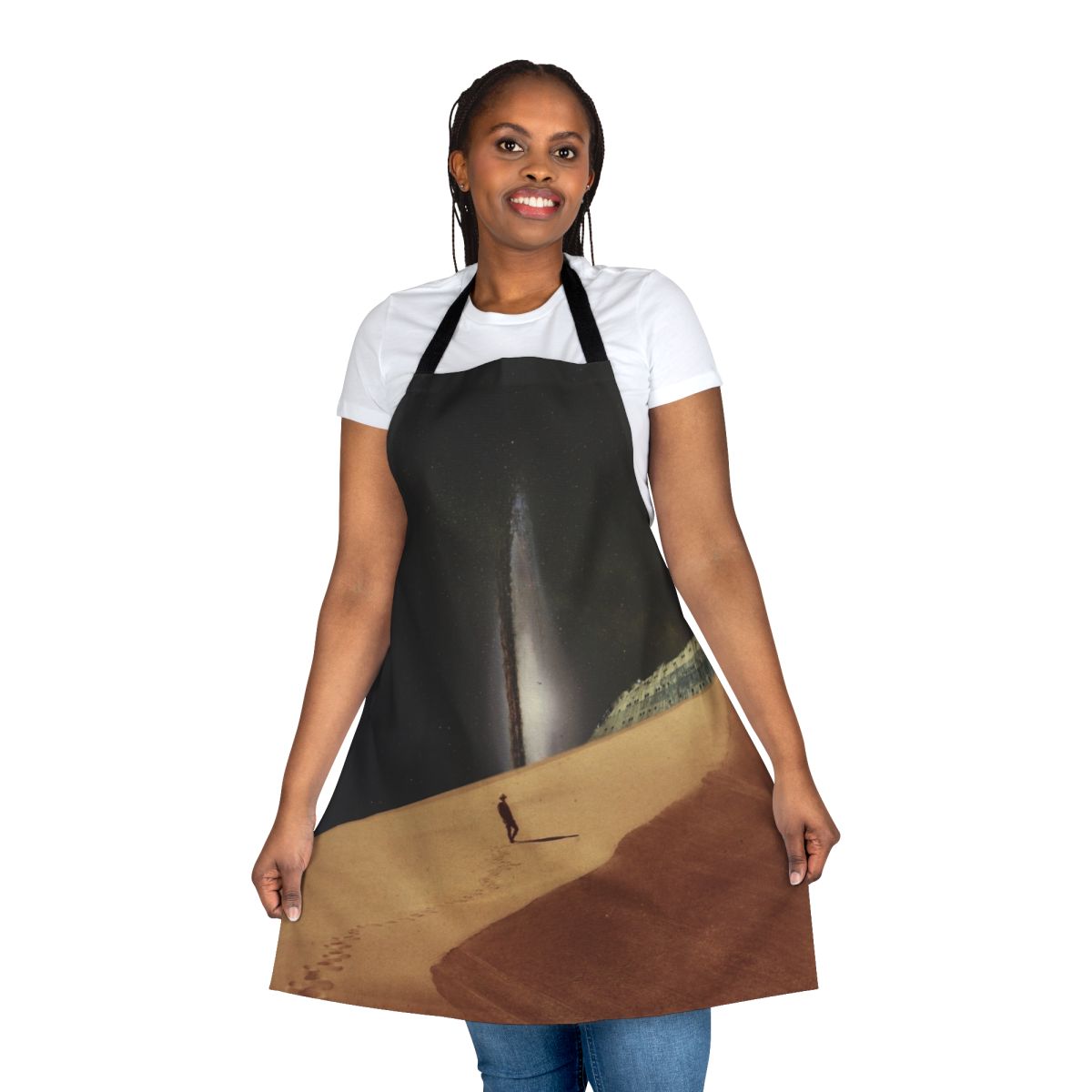 Vintage-inspired apron with a collage design featuring a man, buildings, space, and nature