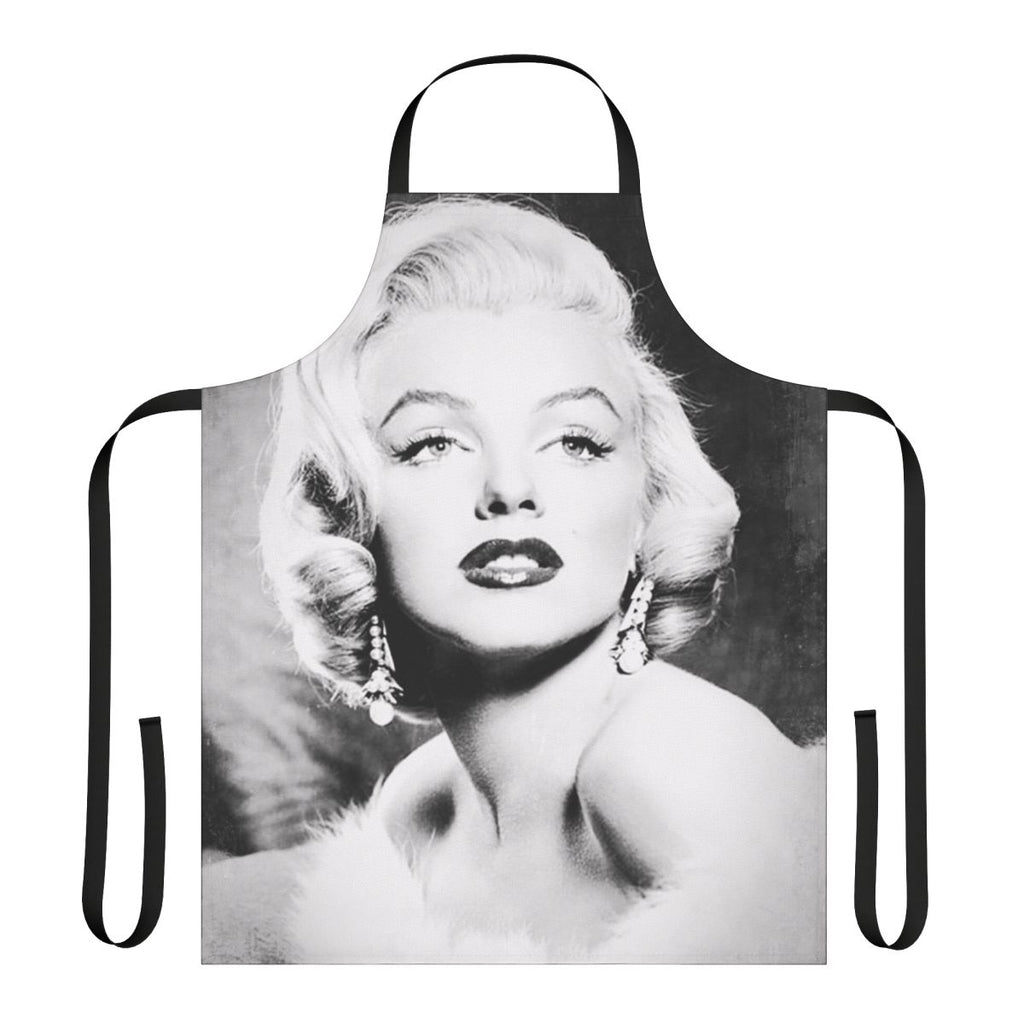 Vintage-inspired black and white portrait of iconic actress Marilyn Monroe on an apron