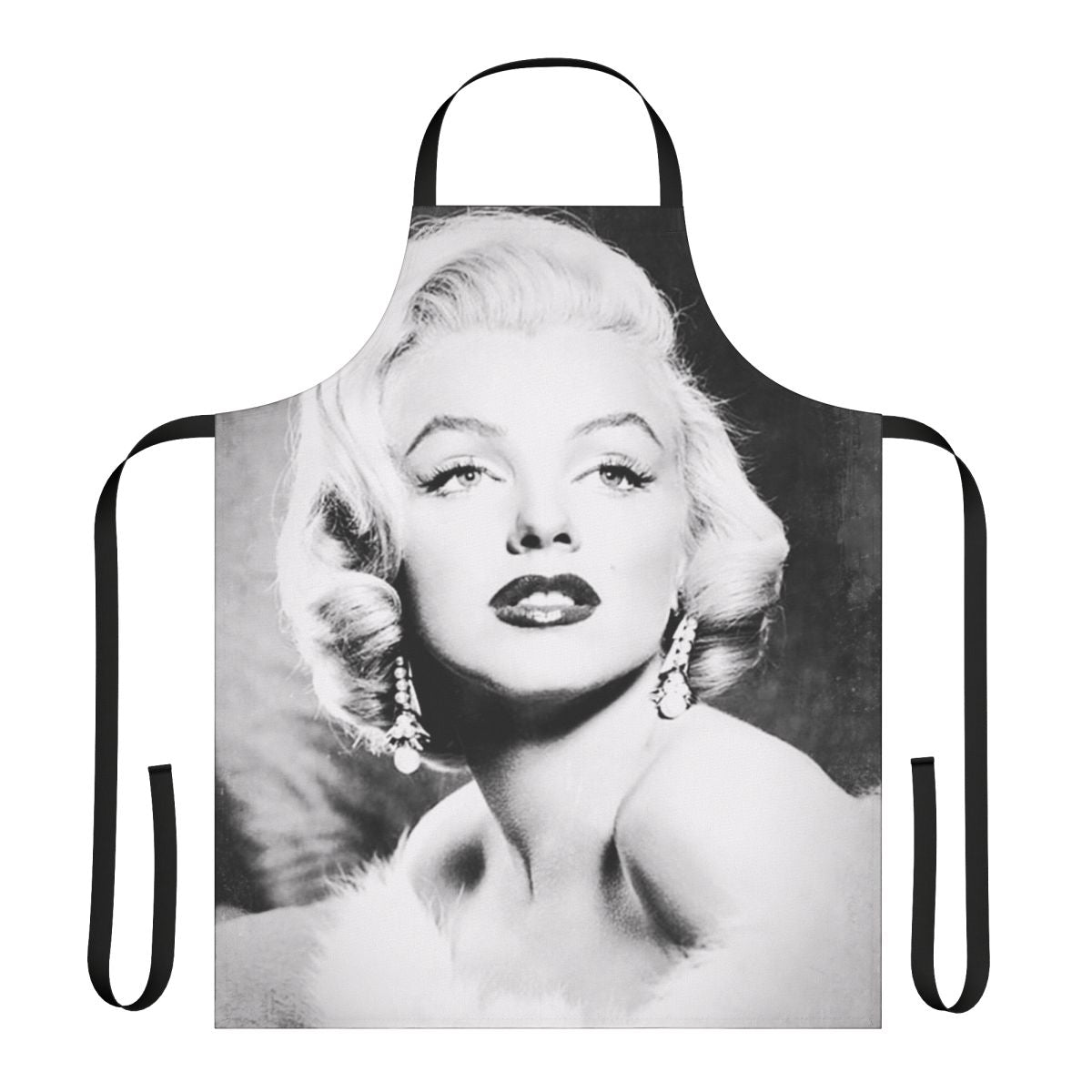 Vintage-inspired black and white portrait of iconic actress Marilyn Monroe on an apron