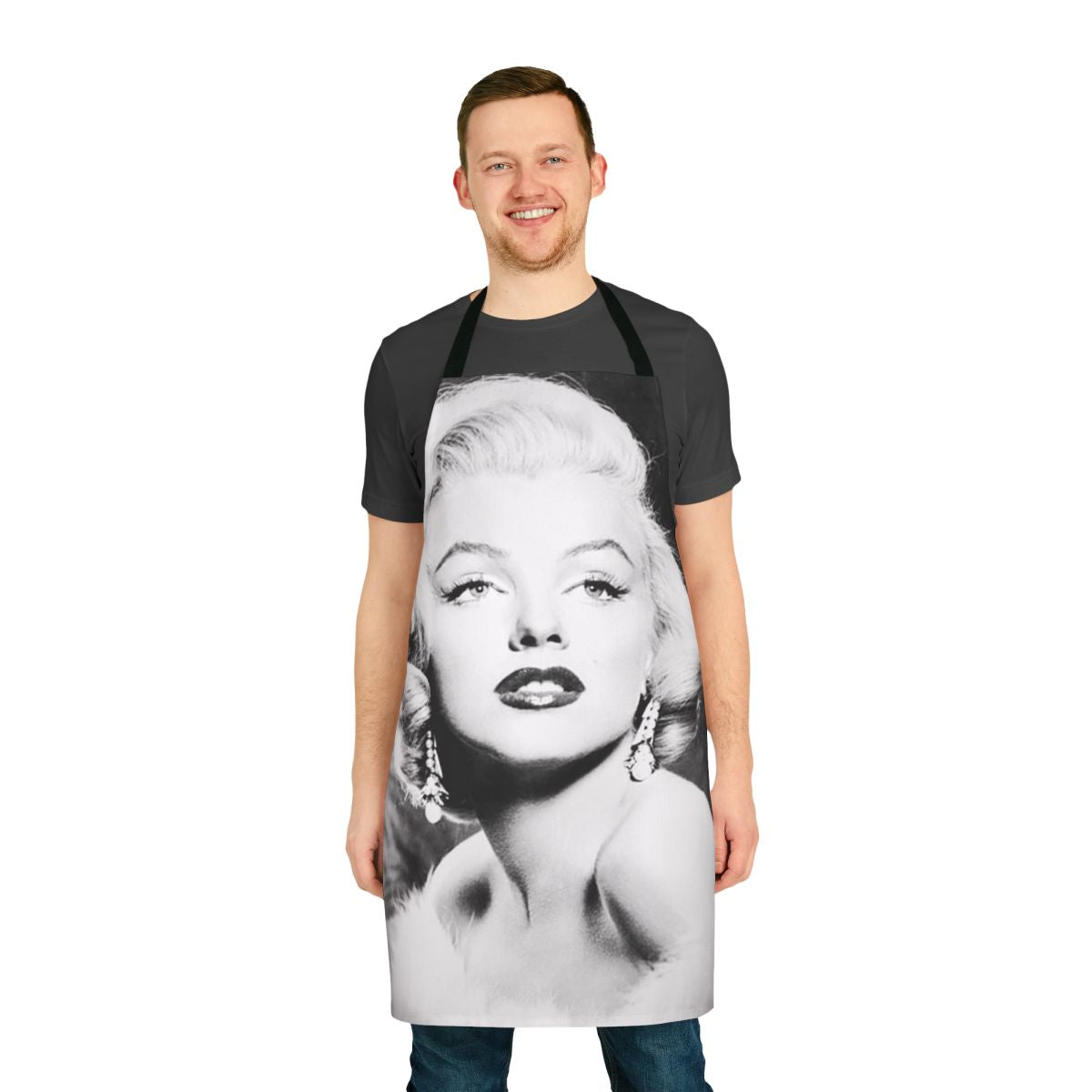 Vintage-inspired black and white portrait of iconic actress Marilyn Monroe on an apron