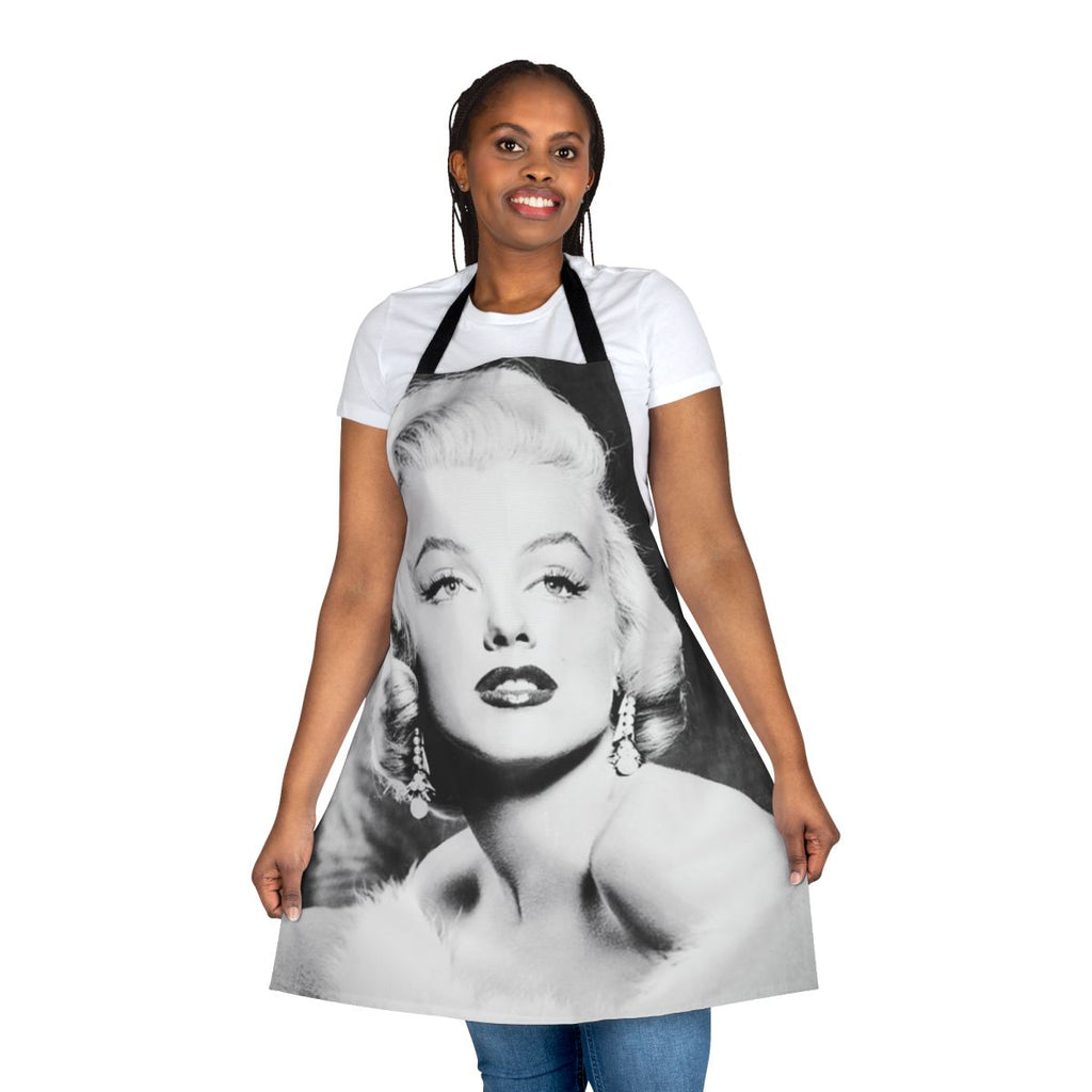 Vintage-inspired black and white portrait of iconic actress Marilyn Monroe on an apron