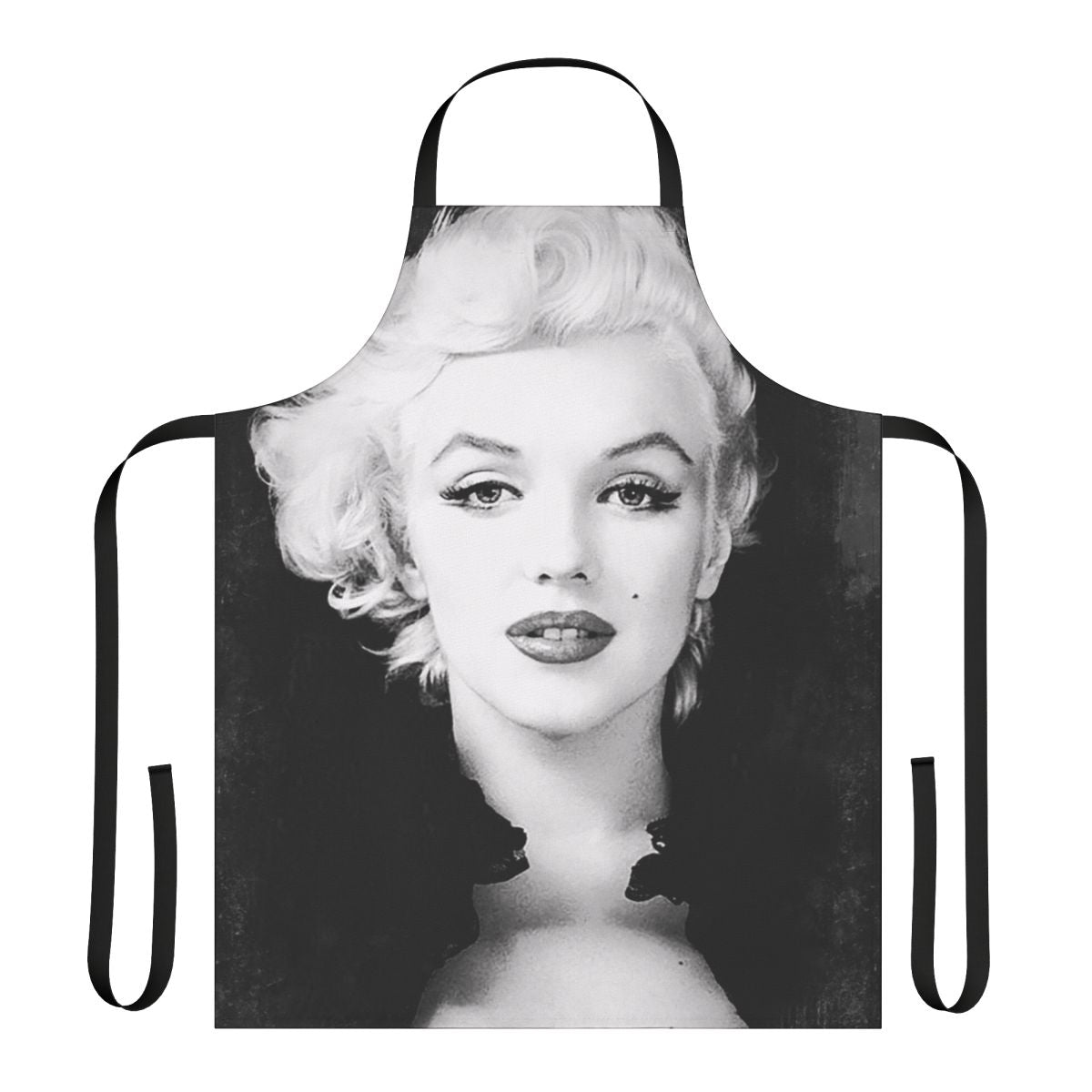 Vintage-inspired black and white portrait of Marilyn Monroe on an apron