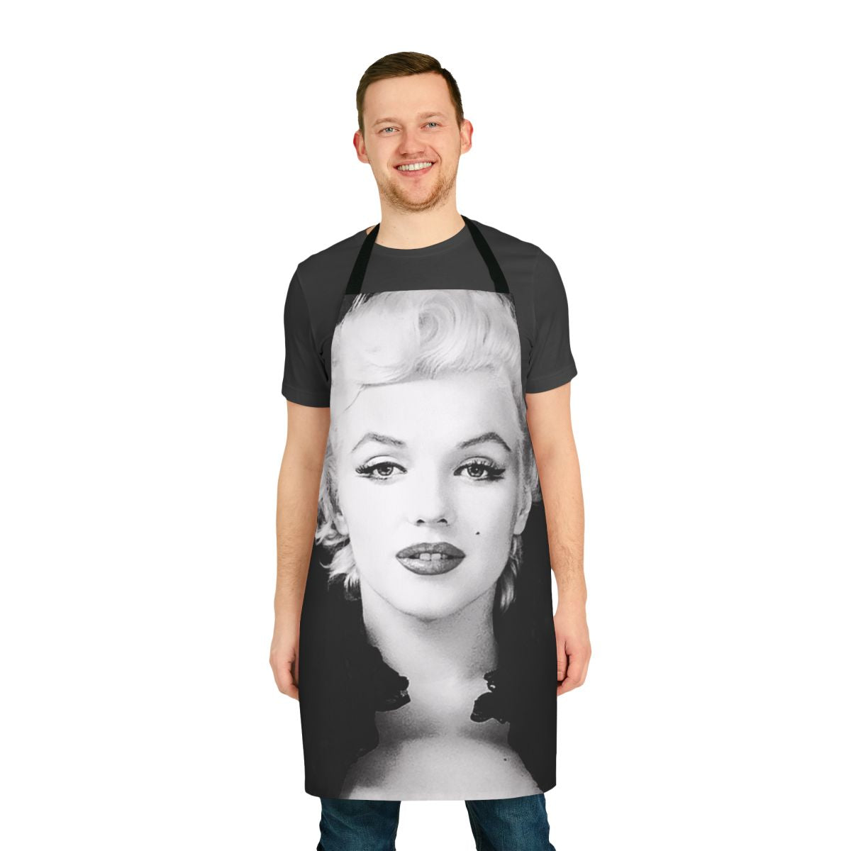 Vintage-inspired black and white portrait of Marilyn Monroe on an apron