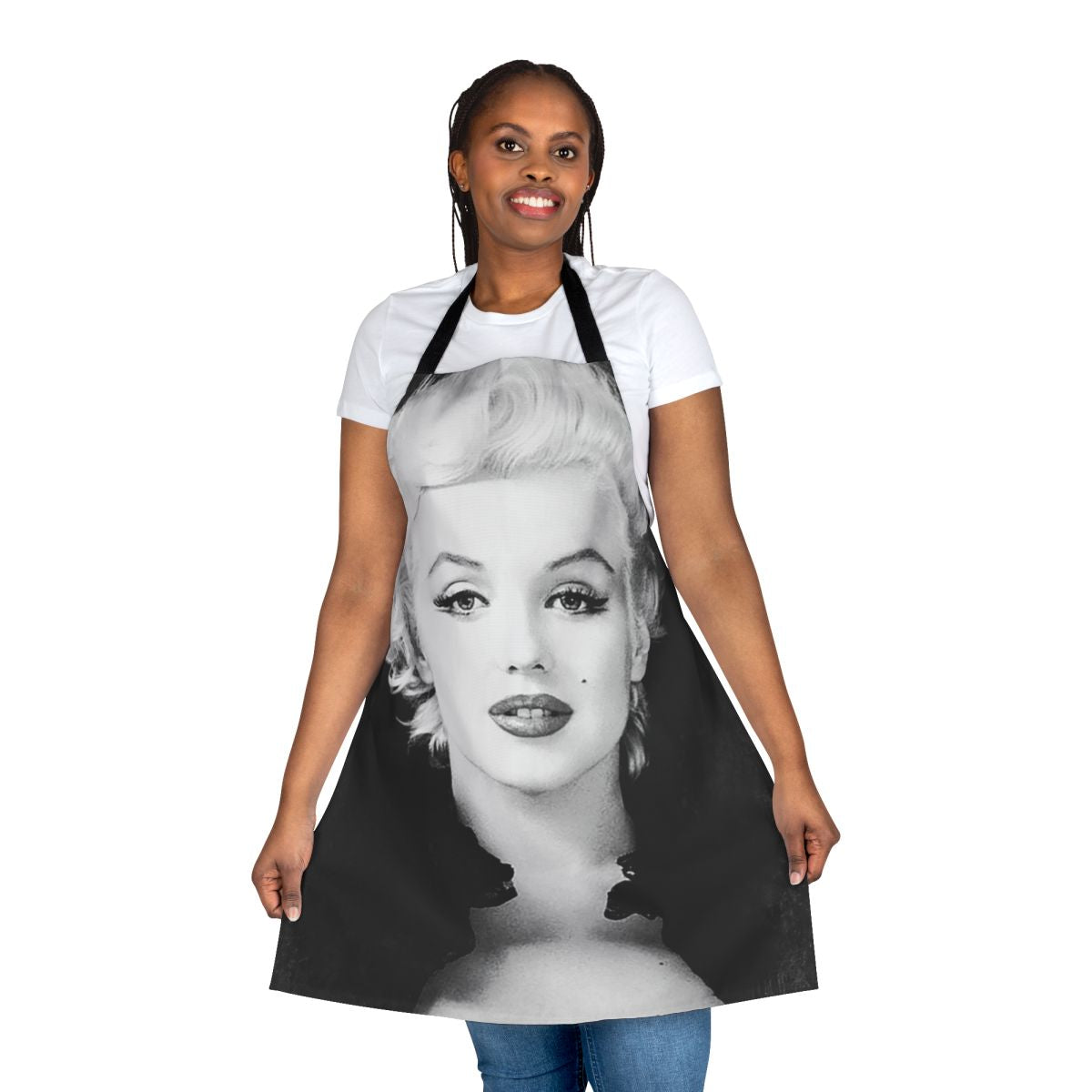 Vintage-inspired black and white portrait of Marilyn Monroe on an apron