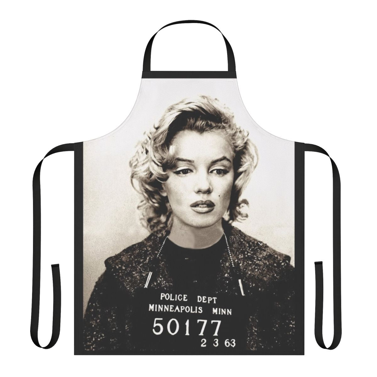 Vintage-inspired apron featuring a mugshot image of iconic actress Marilyn Monroe