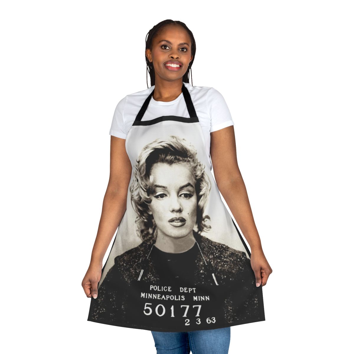 Vintage-inspired apron featuring a mugshot image of iconic actress Marilyn Monroe