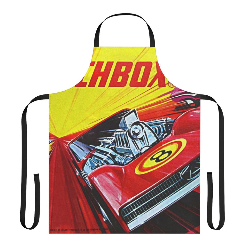 Retro-style yellow, red, and blue apron featuring a Matchbox-style racing car design