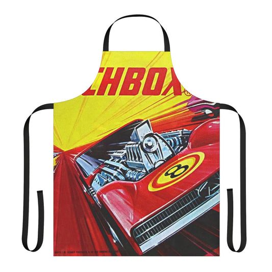 Retro-style yellow, red, and blue apron featuring a Matchbox-style racing car design