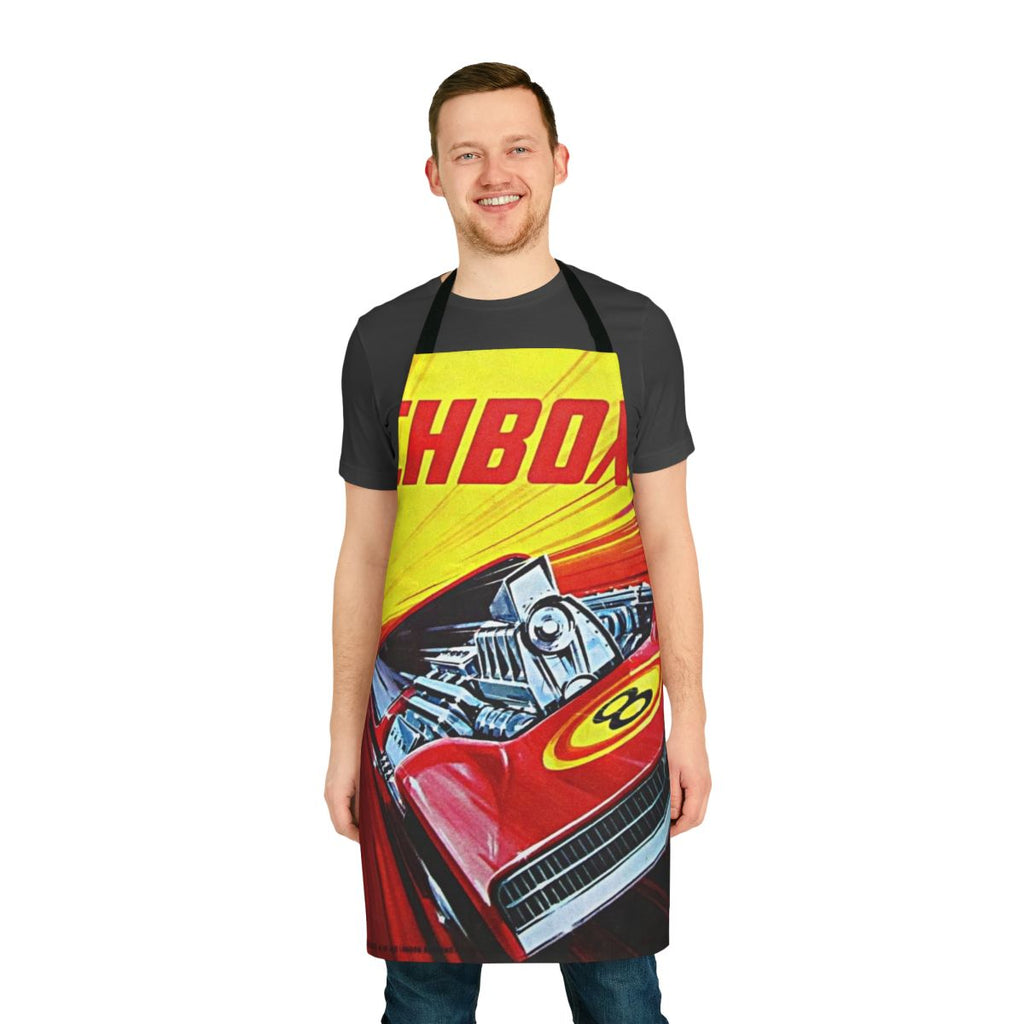 Retro-style yellow, red, and blue apron featuring a Matchbox-style racing car design