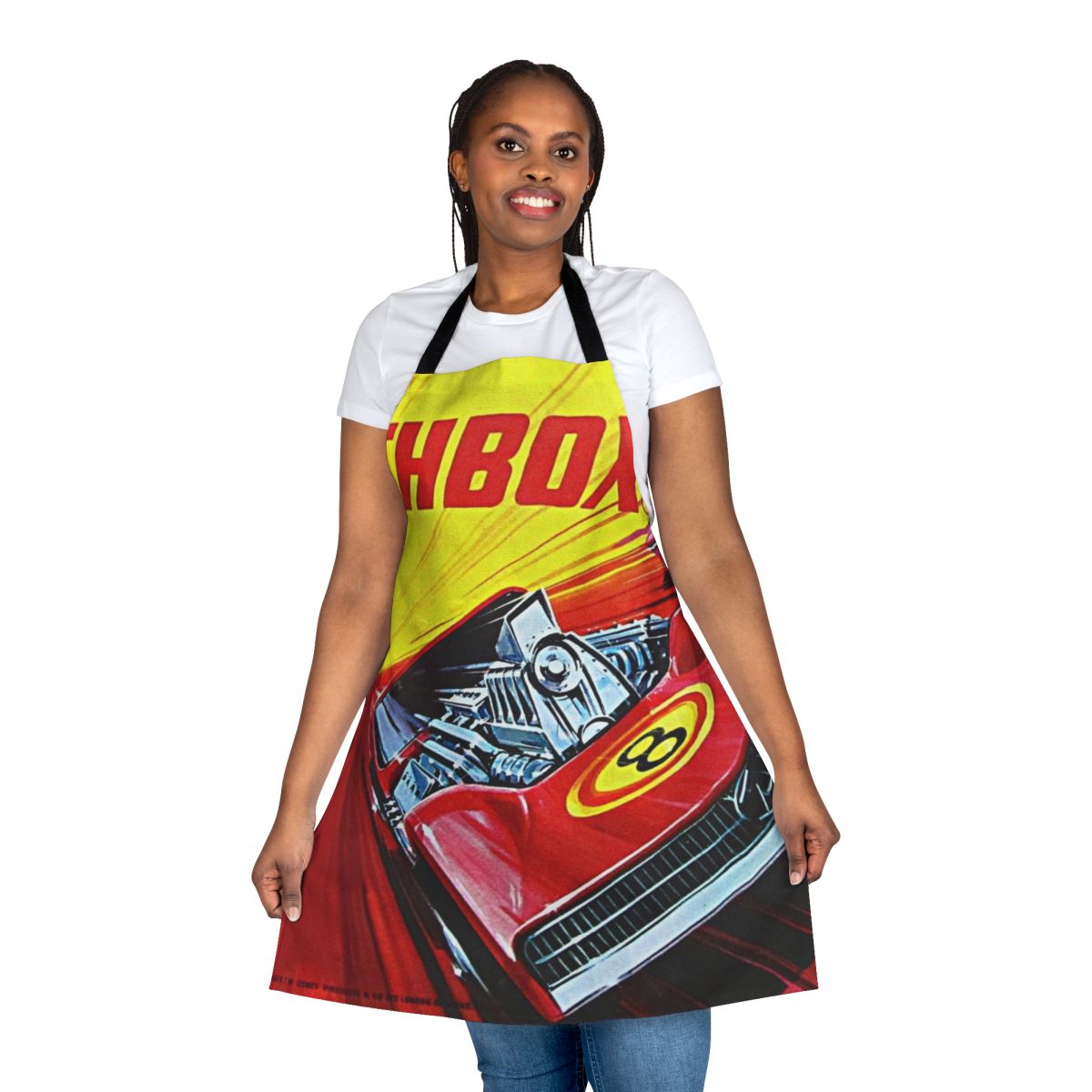 Retro-style yellow, red, and blue apron featuring a Matchbox-style racing car design