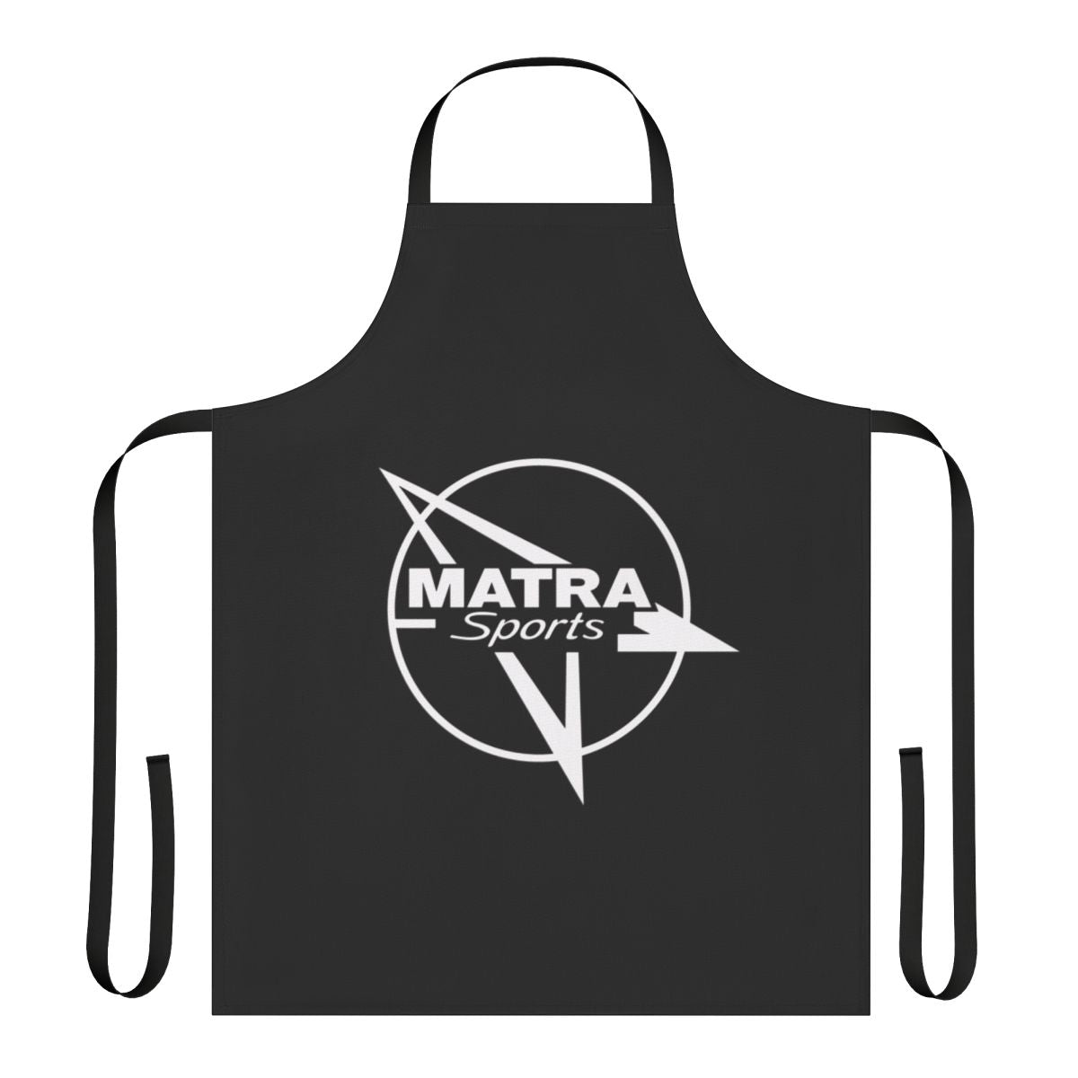 White apron featuring a vintage-inspired Matra sports car emblem design.