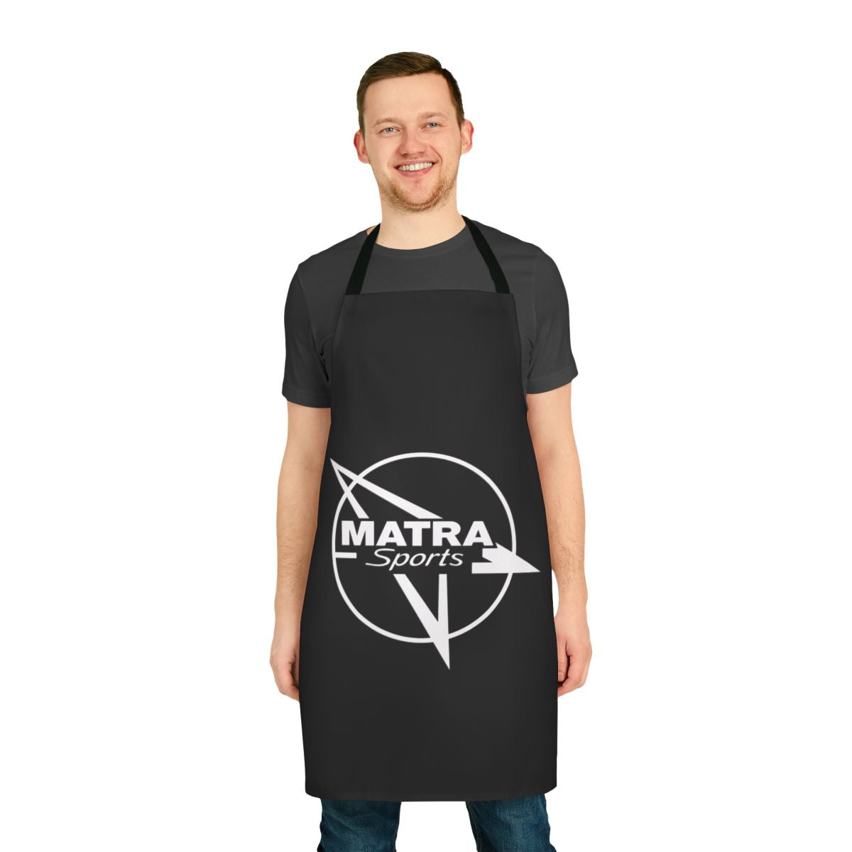 White apron featuring a vintage-inspired Matra sports car emblem design.