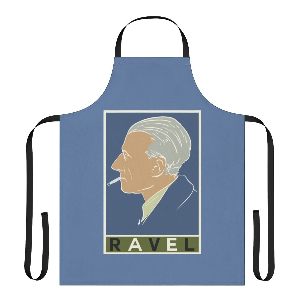 Vintage-inspired apron featuring the name and artwork of renowned composer Maurice Ravel