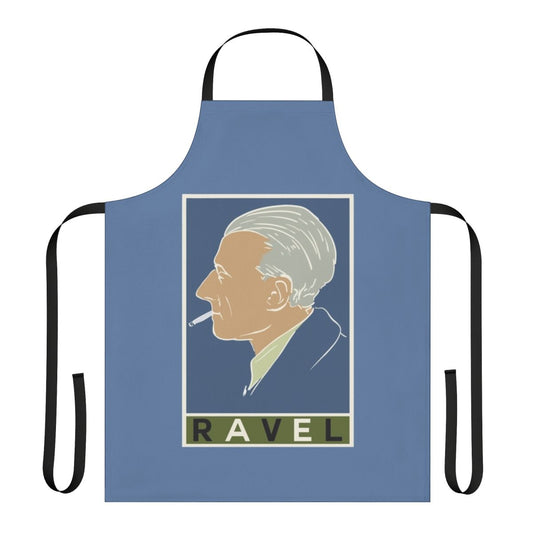 Vintage-inspired apron featuring the name and artwork of renowned composer Maurice Ravel