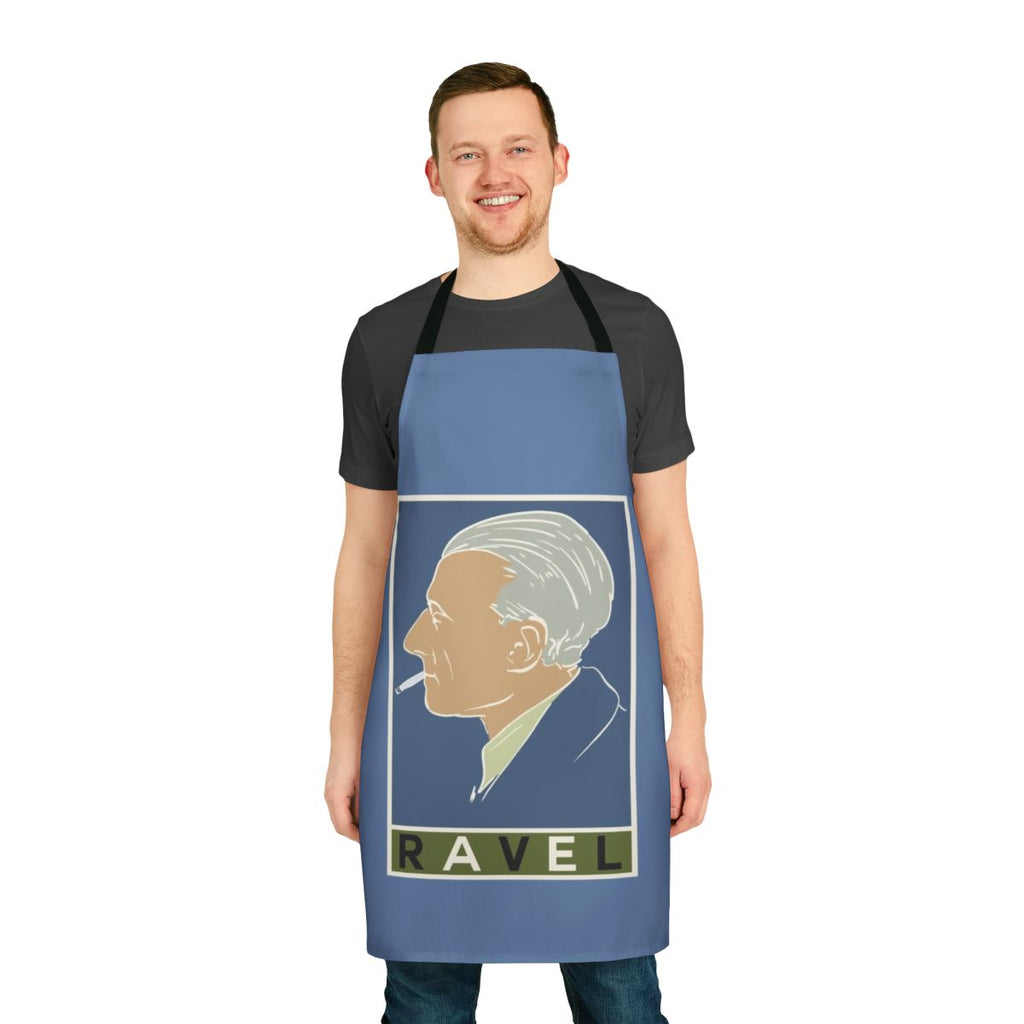 Vintage-inspired apron featuring the name and artwork of renowned composer Maurice Ravel
