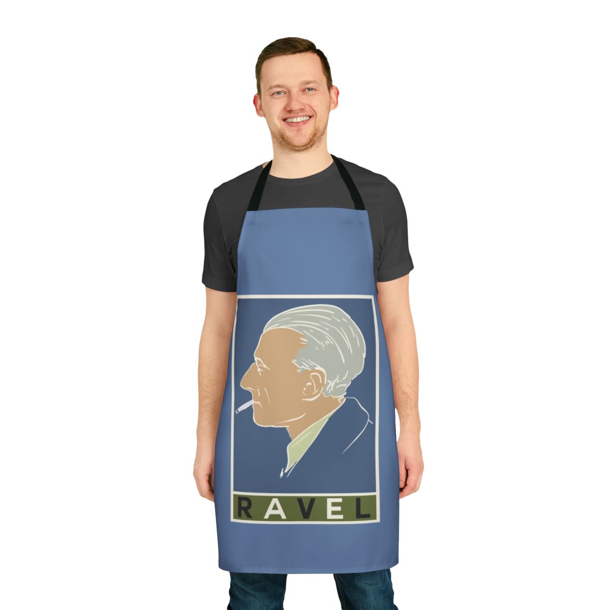 Vintage-inspired apron featuring the name and artwork of renowned composer Maurice Ravel