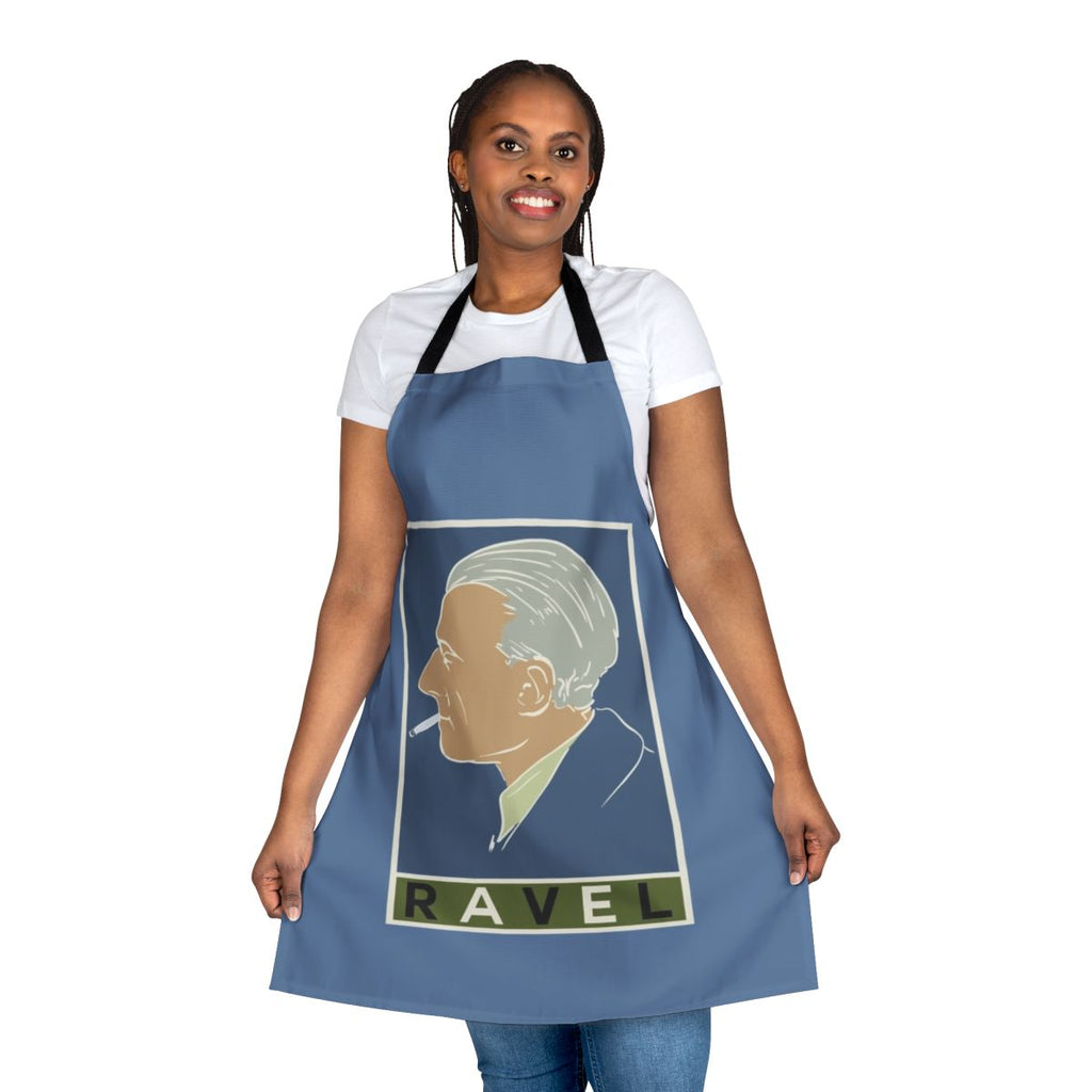 Vintage-inspired apron featuring the name and artwork of renowned composer Maurice Ravel