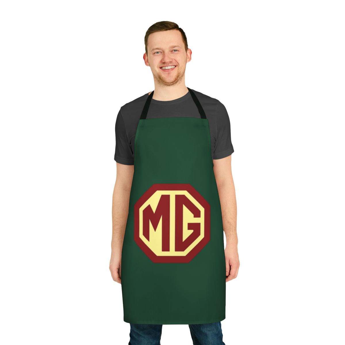 Retro-style apron featuring the iconic MG car logo, perfect for classic car fans and auto enthusiasts.