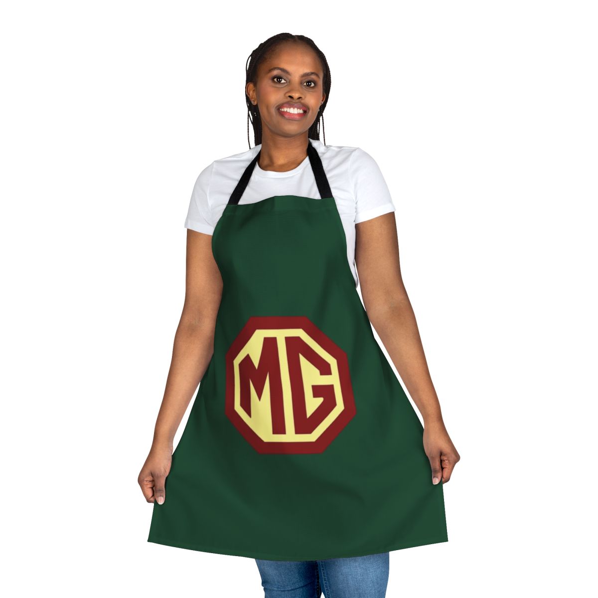 Retro-style apron featuring the iconic MG car logo, perfect for classic car fans and auto enthusiasts.