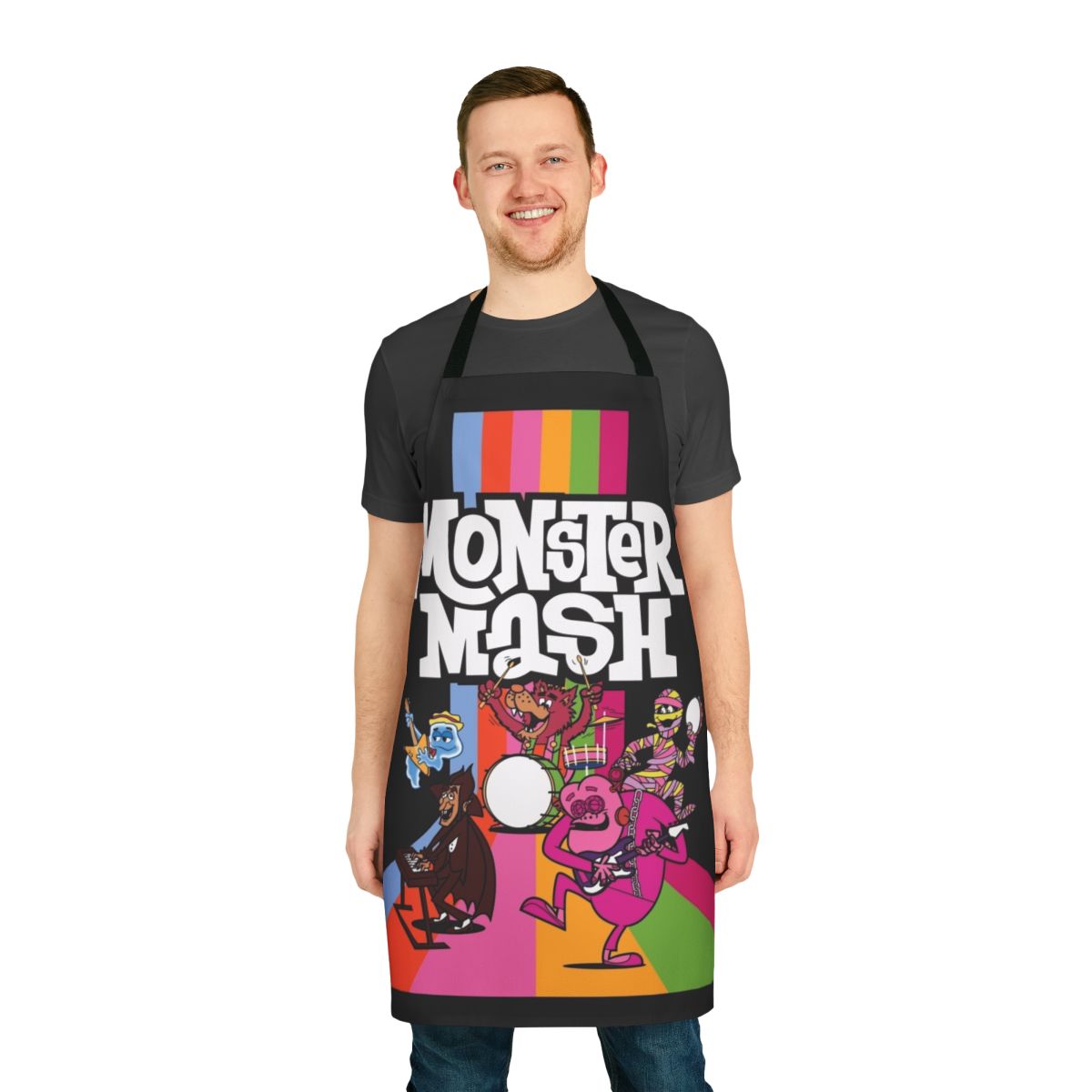 Vintage-style Monster Cereal Apron featuring iconic monster characters like Count Chocula, Frankenberry, and Boo Berry