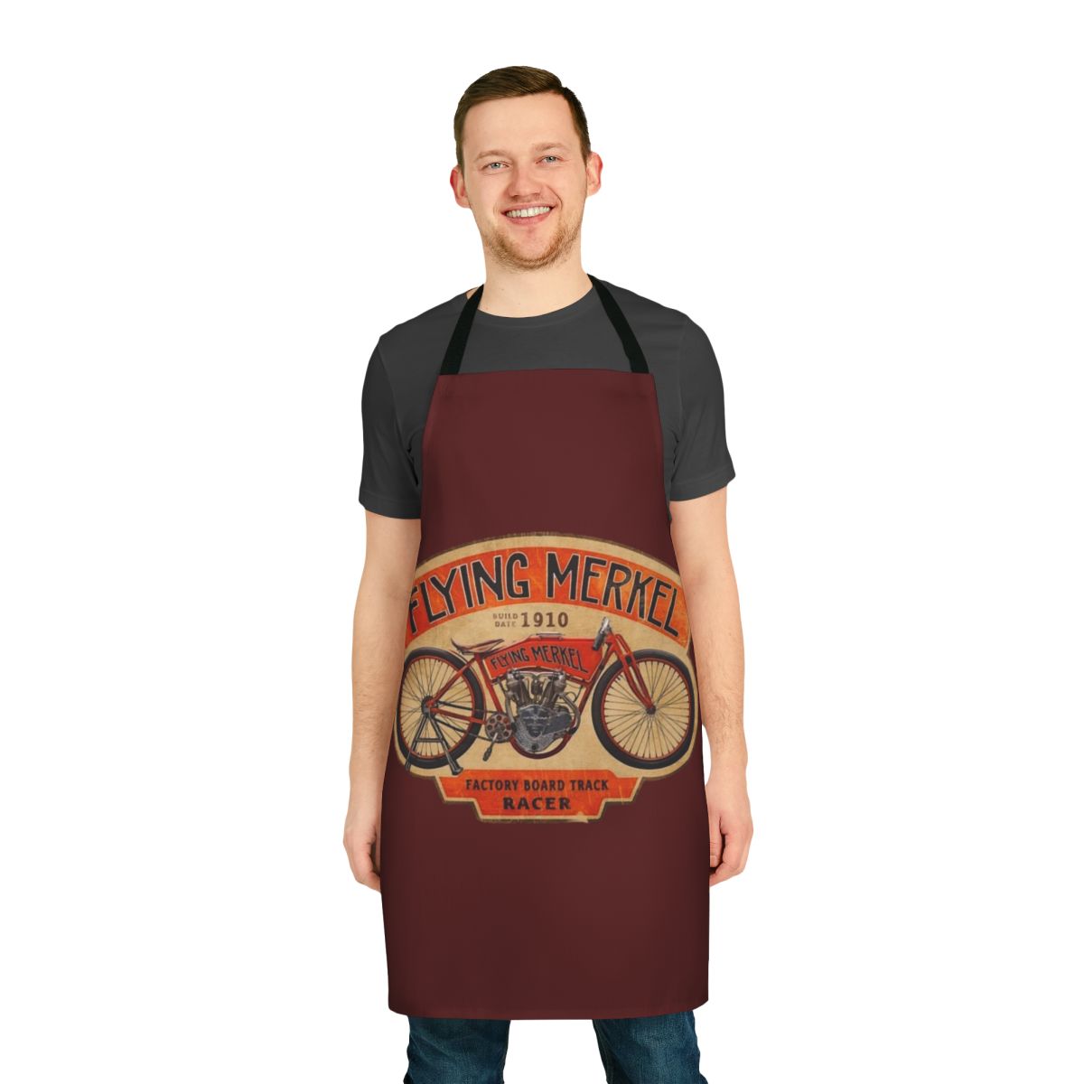 Vintage-style apron featuring the iconic Flying Merkel motorcycle logo