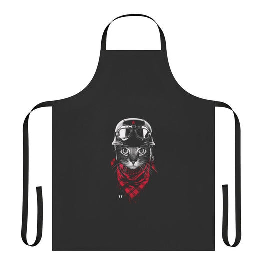 Vintage-style motorcycle cat apron with a cute kitty wearing a bandaged head and glasses