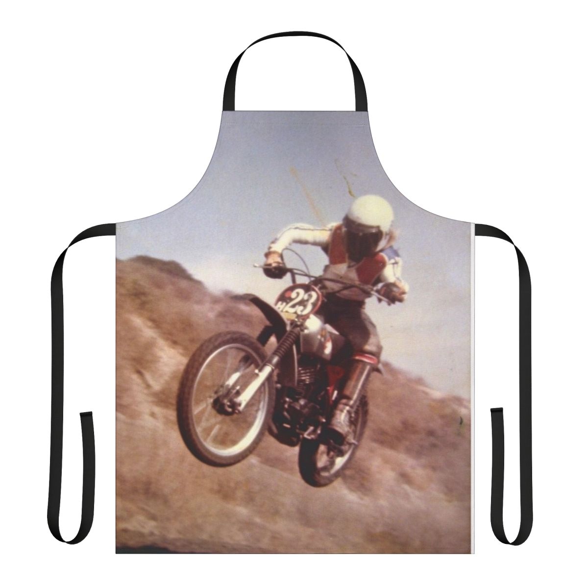 Vintage-style apron featuring a motorcycle and dirt bike design