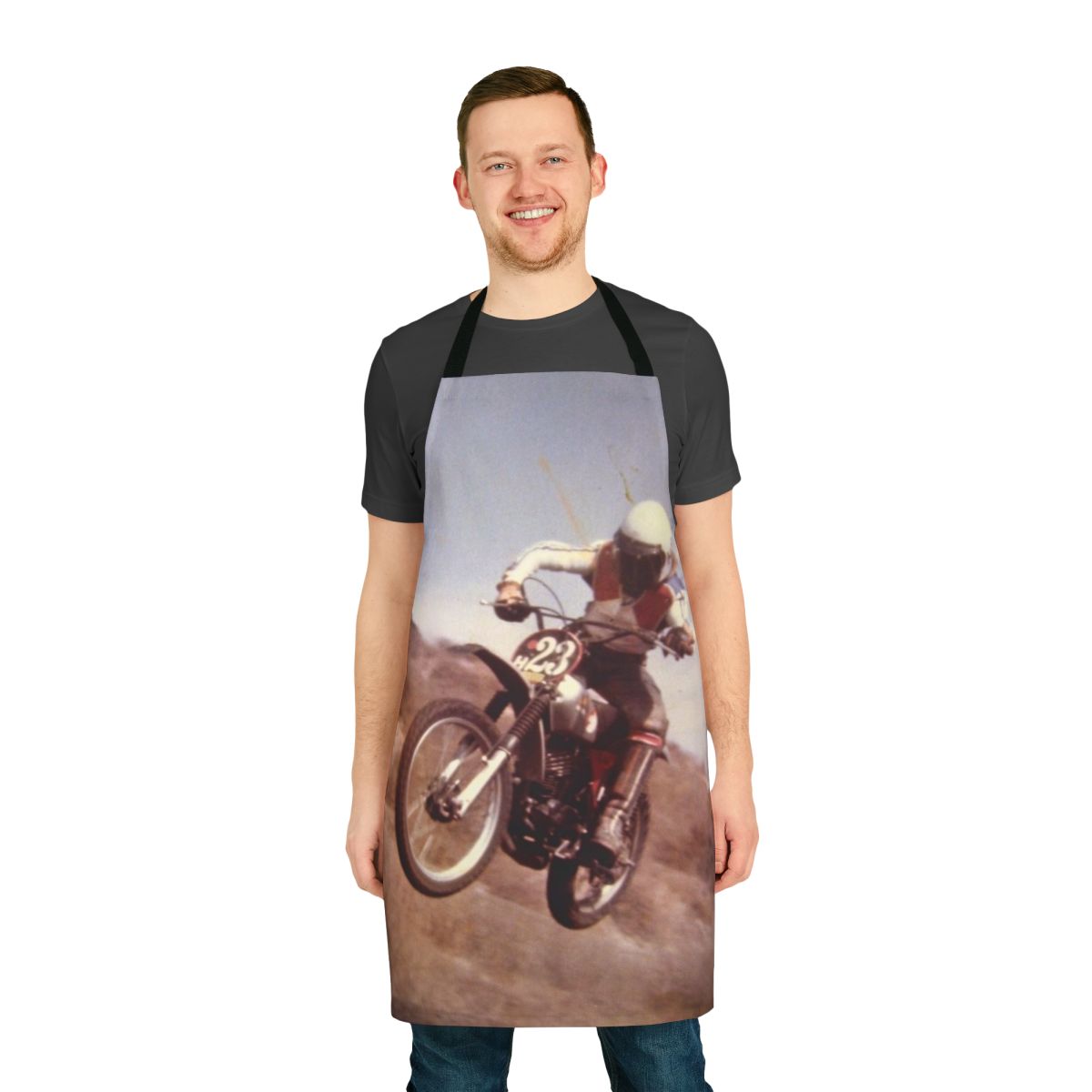 Vintage-style apron featuring a motorcycle and dirt bike design