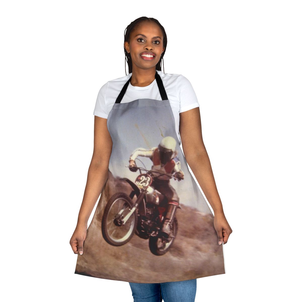 Vintage-style apron featuring a motorcycle and dirt bike design