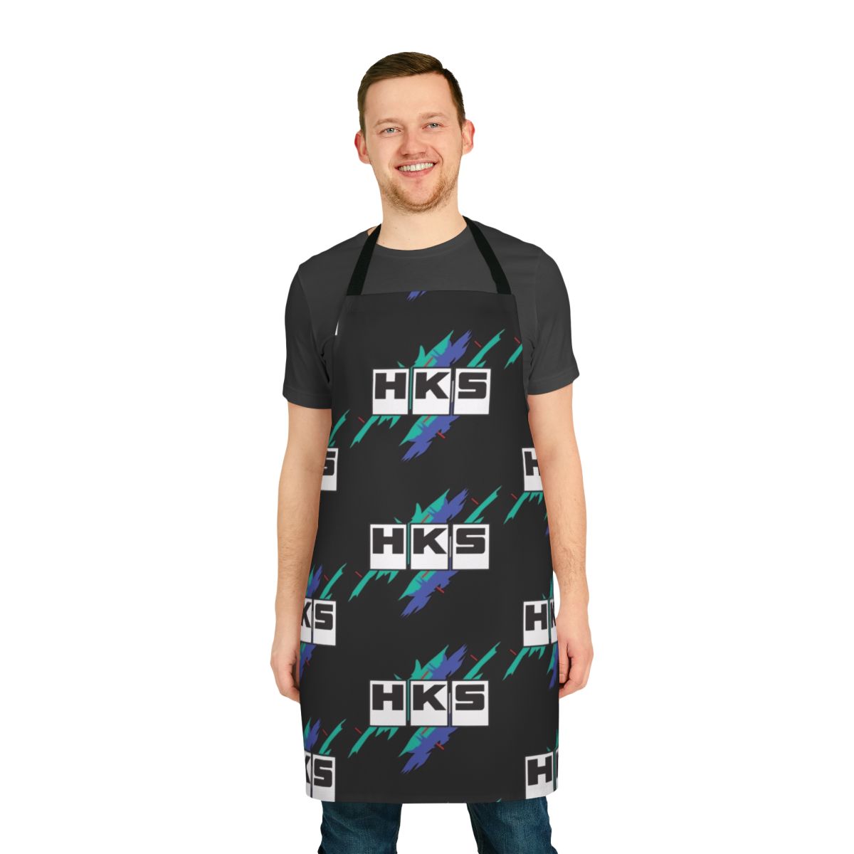 Vintage-inspired motorsports apron with JDM, drift, and automotive graphics