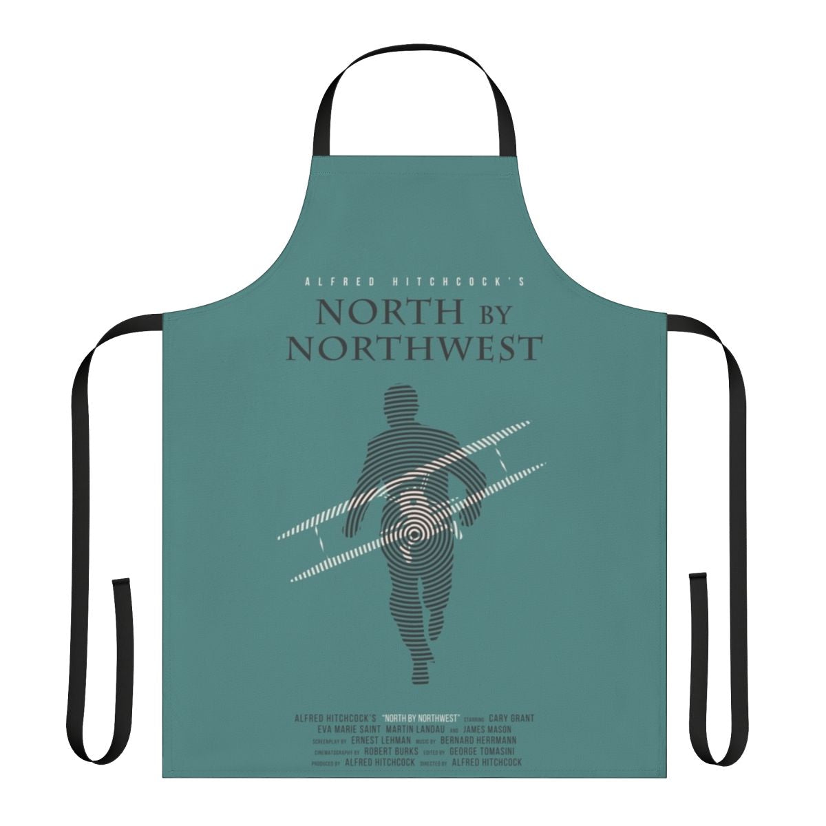 An apron featuring a vintage-inspired design inspired by the classic Alfred Hitchcock film "North by Northwest"