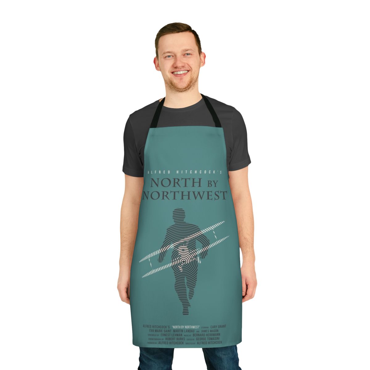 An apron featuring a vintage-inspired design inspired by the classic Alfred Hitchcock film "North by Northwest"