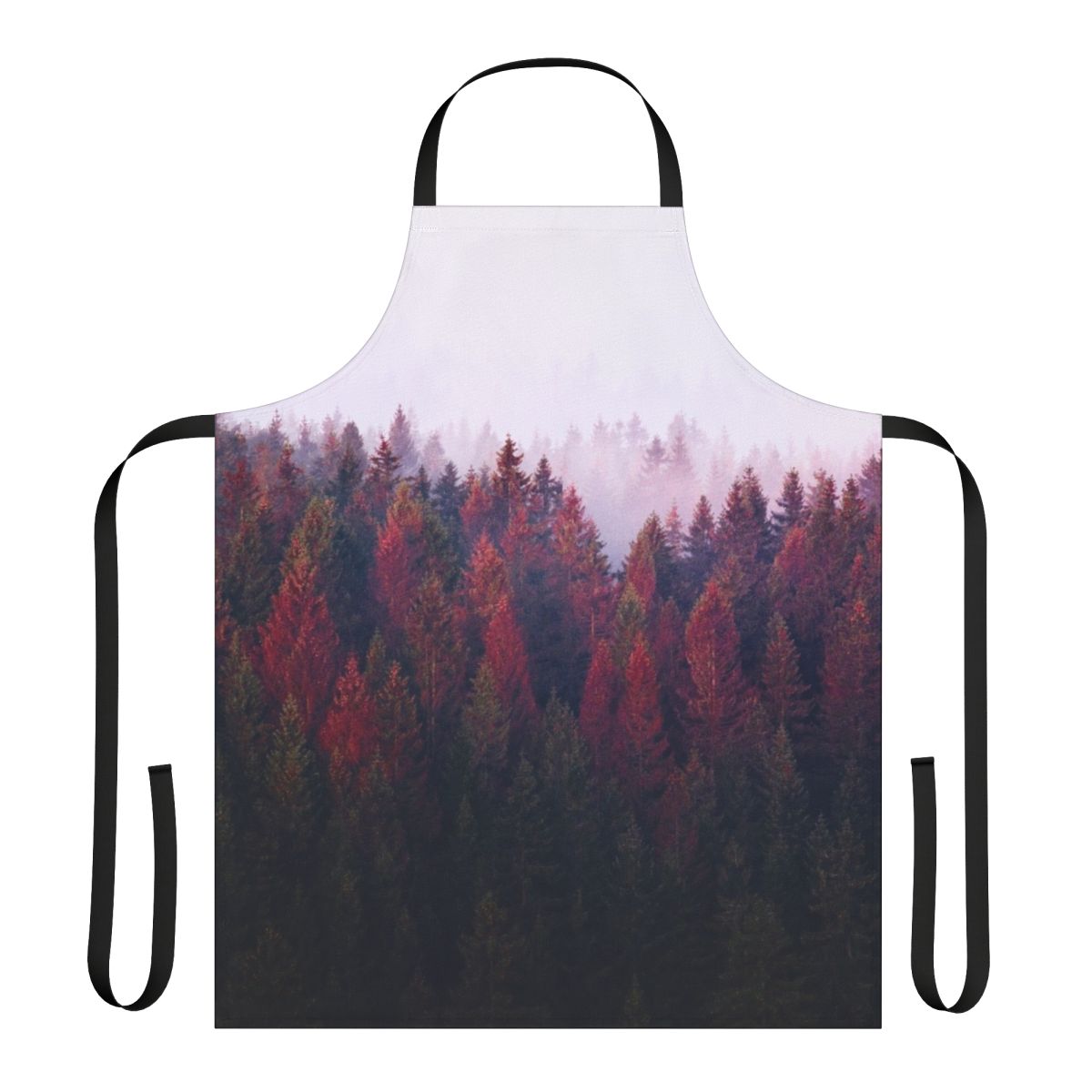 A vintage-style apron featuring a serene nature landscape with trees, fog, and mountains