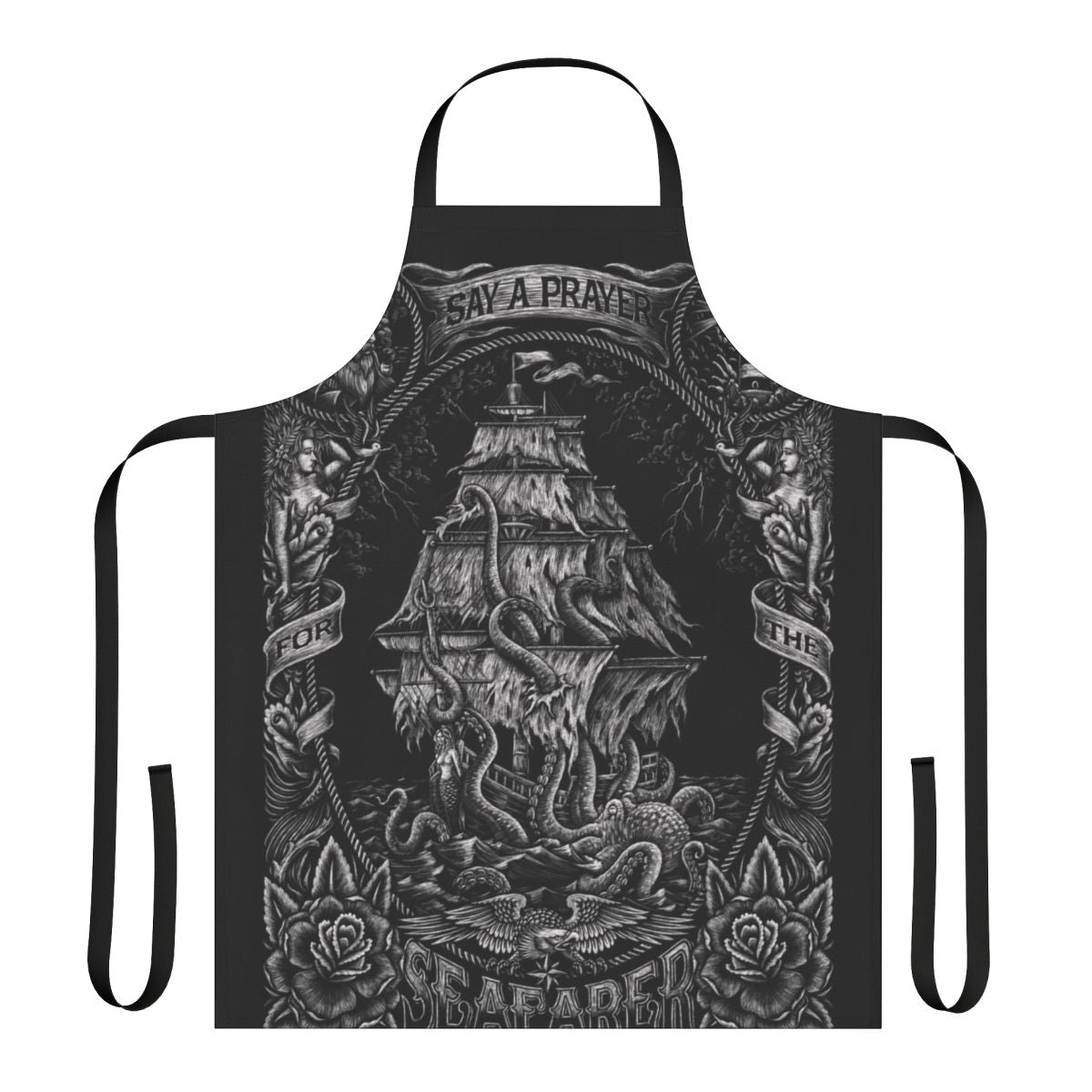A vintage-style apron featuring a hand-drawn prayer for seafarers, with nautical elements like an anchor, octopus, and typography.