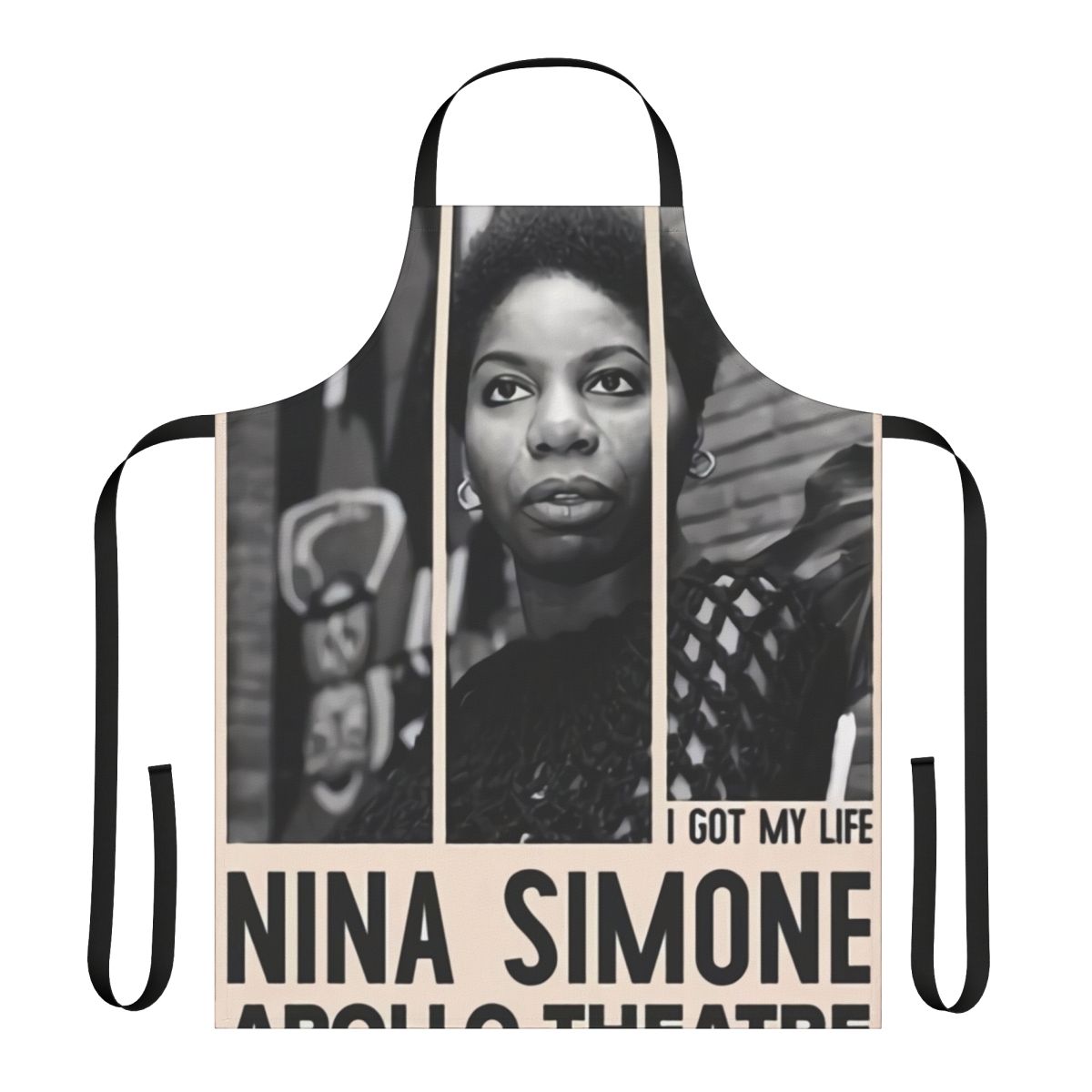 Vintage-style apron featuring a retro-themed Nina Simone jazz concert poster design