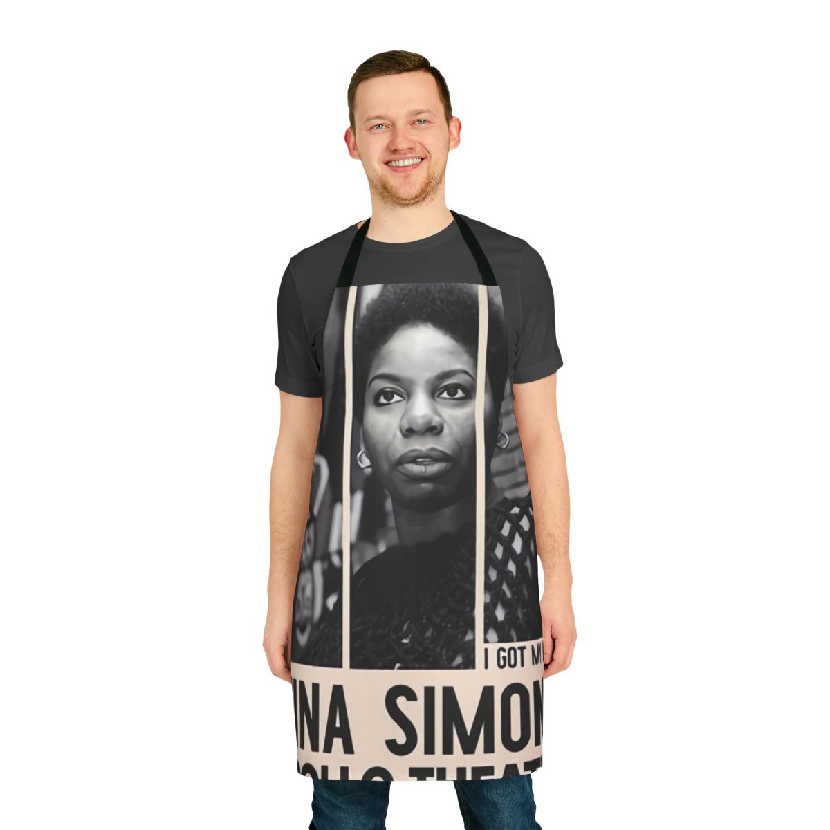 Vintage-style apron featuring a retro-themed Nina Simone jazz concert poster design