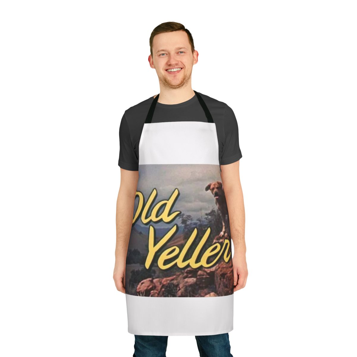 A vintage-style apron featuring the iconic "Old Yeller" dog from the classic movie.