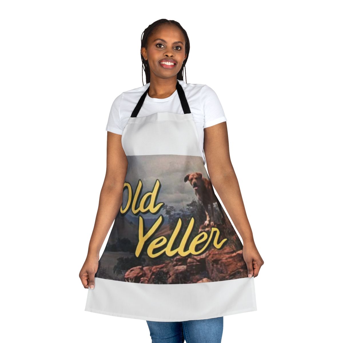 A vintage-style apron featuring the iconic "Old Yeller" dog from the classic movie.